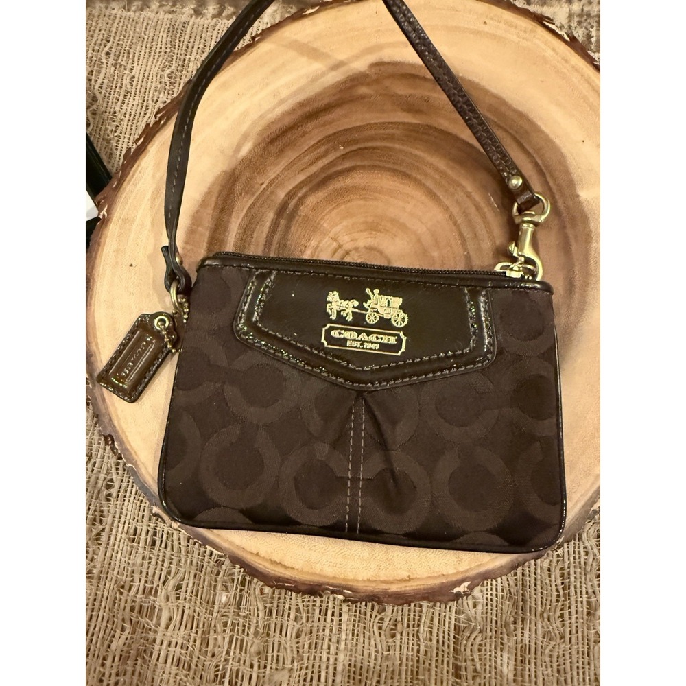 Vintage Coach Wristlet Brown Canvas Purse Bag Patent Leather Strap Handle